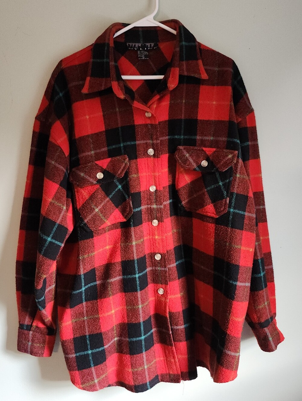 Vintage 80s NY LINE Plaid Red Black Wool Blend Button Shirt Jacket Heavy Mens XL
